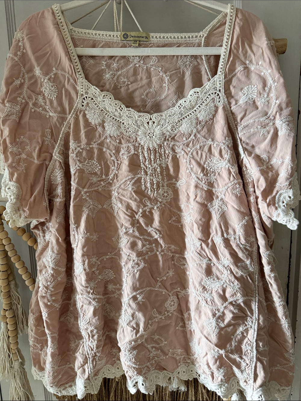 Democracy Blush Pink Embroidered Crochet-Trim Tunic Blouse 3x